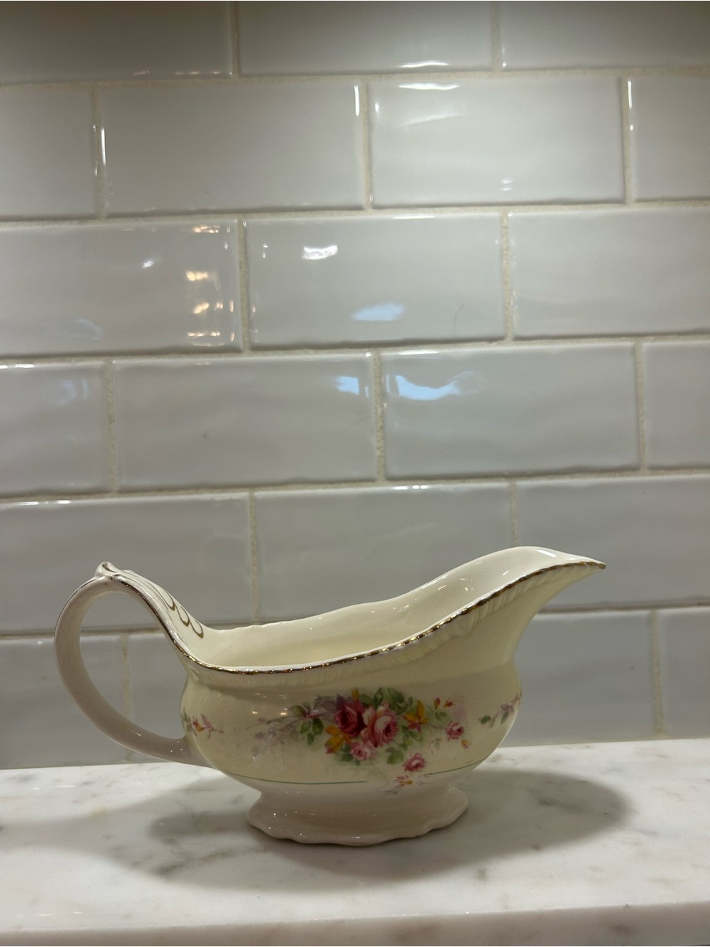 💐 Vintage Woods Ivory Ware England Floral Gravy Boat Gold Trim Cottagecore